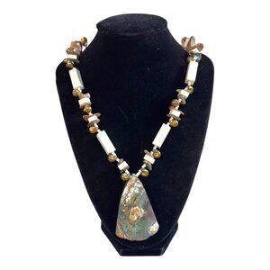 Vintage Miriam Haskell Abalone Snail Shell Necklace Gold & White Beads Statement